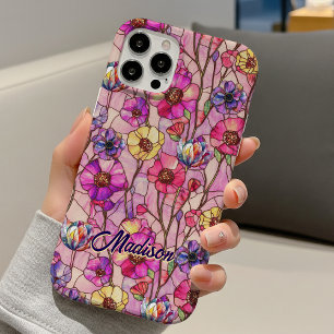 Coques iPhone 16 Art floral de verre teinté rose violet romantique
