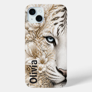 Coque iPhone 15 Mini Art floral du Tigre blanc aux yeux bleus