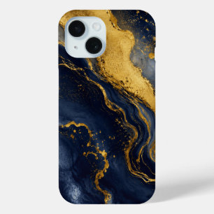 Coque Pour iPhone 15 Art fluide abstrait marbre luxe navy or