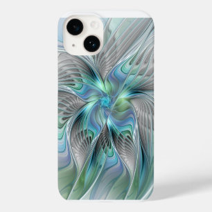 Coque Pour iPhone 14 Art fractal fantaisie papillon bleu vert abstrait