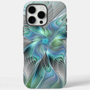 Coques iPhone 16 Pro Max Art fractal fantaisiste papillon bleu vert abstrai