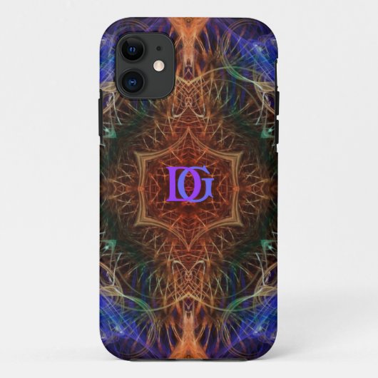 Coques Case-Mate iPhone Art fractal Indigo-Earth Monogramme personnalisé (Dos)