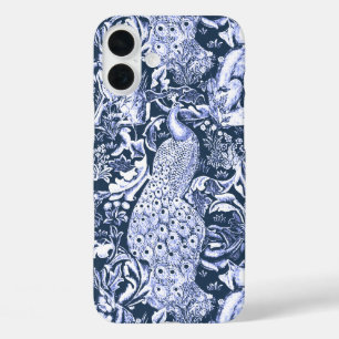 iPhone 16 Plus Case Art Nouveau Peacock Print, Navy et White