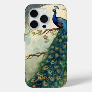 Coque iPhone 15 Pro Art Nouveau Peacock Vintage Élégant Plumes Nom
