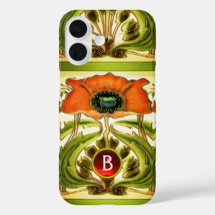 COQUES iPhone 16 ART NOUVEAU STYLISÉ VERT ROUGE POPPY GEM MONOGRAM