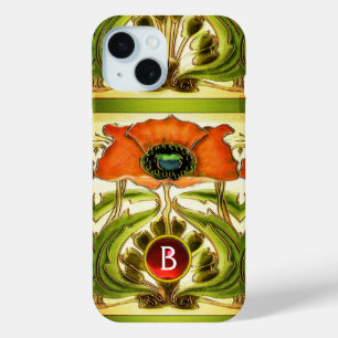 COQUE POUR iPhone 15 ART NOUVEAU STYLISÉ VERT ROUGE POPPY GEM MONOGRAM