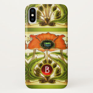 COQUE iPhone X ART NOUVEAU STYLISÉ VERT ROUGE POPPY GEM MONOGRAM