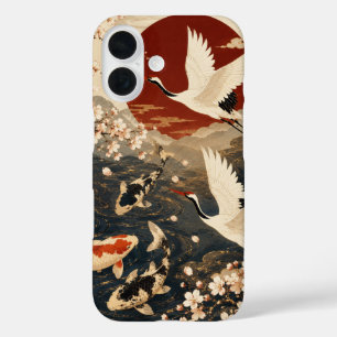 Coques iPhone 16 Art personnalisé élégant de carpes koï et grues ja