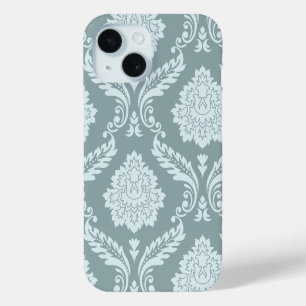 Coque Pour iPhone 15 Art Rococo Damassé I Bleu Canard+Turquoise