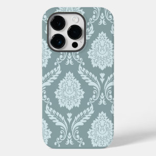 Coque Pour iPhone 14 Pro Art Rococo Damassé I Bleu Canard+Turquoise