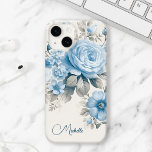 Coque Pour iPhone 14 Artiste Personnalisé Lumière Pastel Roses Bleus<br><div class="desc">Customisez cette belle conception avec votre nom ou monogramme. Roses bleu pâle,  fleur sauvage et hydrangée fleurissent avec du feuillage de sauge pastel clair sur arrière - plan en coquille d'oeuf.</div>