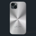 Coques Pour iPhone Aspect métallique en acier inoxydable gris-argent<br><div class="desc">Tons argentés brillant design métallique avec look acier inoxydable (illustration de la texture métallique). Il y a de nombreuses nuances de gris à noir brillant. Pas du vrai métal mais de l'image. Simple et élégant avec 3 initiales modernes personnalisables monogramme. Si vous avez besoin d'aide pour customiser un de mes...</div>