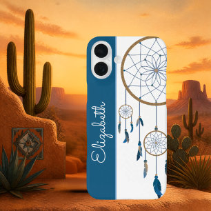 Coques iPhone 16 Plus Attrape-rêves Bleu Personnalisé Nom Bohème