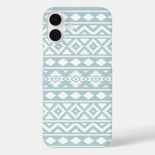 Coques iPhone 16 Plus Aztec Essence Ptn III Blanc sur Canard Oeuf Bleu