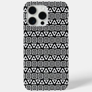 Coque iPhone 15 Pro Max Aztec Triangles+Motif Carré blanc sur noir