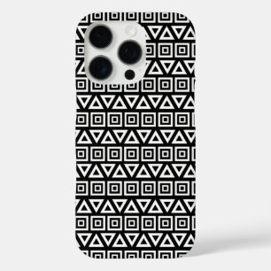 Coques iPhone 16 Pro Aztec Triangles+Motif Carré blanc sur noir