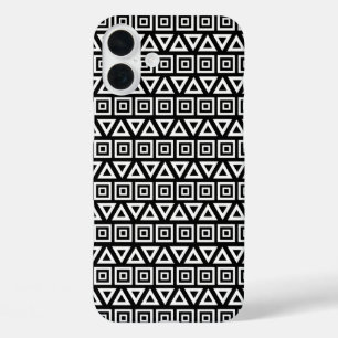 Coques iPhone 16 Plus Aztec Triangles+Motif Carré blanc sur noir