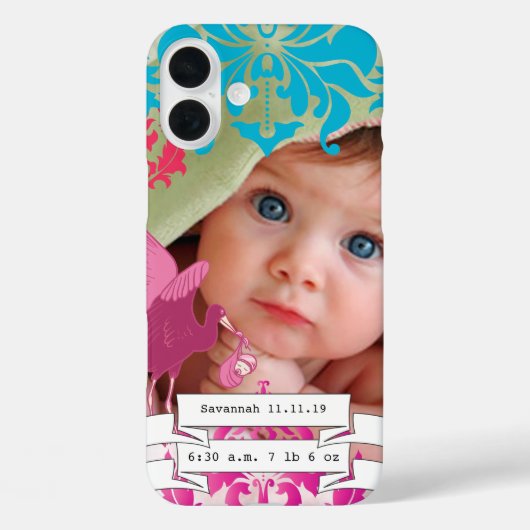 Coques Case-Mate iPhone Baby Photo Statistiques Baby Stats Damask Nom ou c (Verso)