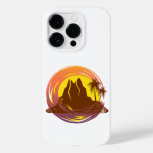 Coque Pour iPhone 14 Pro Badge avec paysage volcanique tropical et palmiers