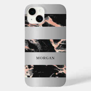 Coque Pour iPhone 14 Bagues argentées, marbre or rose et noir, nom