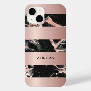 Coque Pour iPhone 14 Bagues Rose Gold, Marbre Noir & Rose Gold, Nom
