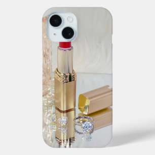 Coque Pour iPhone 15 Baguette à lèvres et bague en diamant sur miroir