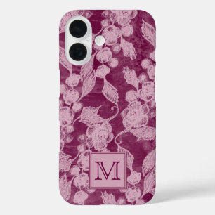 Coques iPhone 16 Baies et fleurs de violet monogramme floral
