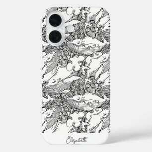 Coques iPhone 16 Baleine à bosse noire et blanche sur mesure