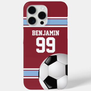 Coque iPhone 15 Pro Max Balle de soccer Jersey Claret Blue Stripes