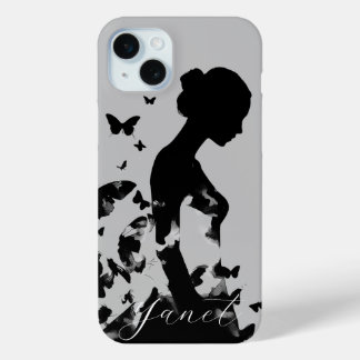 Coque iPhone 15 Mini Ballerina & Papillons Silhouette Nom noir/gris