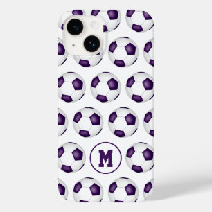 Coque Pour iPhone 14 ballons de football blanc violet motif monogrammé