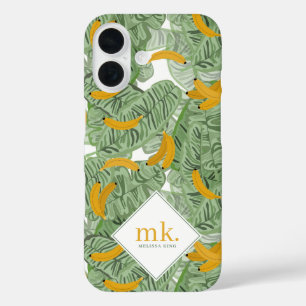 Coques iPhone 16 Banane tropicale moderne vert Motif Monogramme