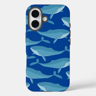 Coques iPhone 16 Banc de baleines nageant bleu foncé