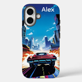 Coques iPhone 16 Bande dessinée voiture allant vite Personnalisé