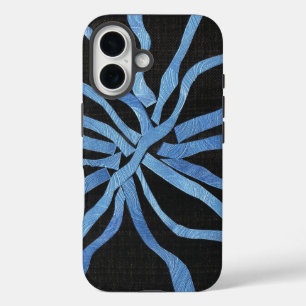 Coques iPhone 16 Bandes bleues entrelacées sur fond noir