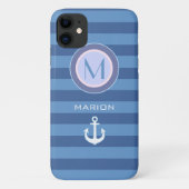 Coques Case-Mate iPhone bandes bleues et ancre monogrammée (Dos)