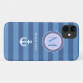 Coques Case-Mate iPhone bandes bleues et ancre monogrammée (Dos (Horizontal))