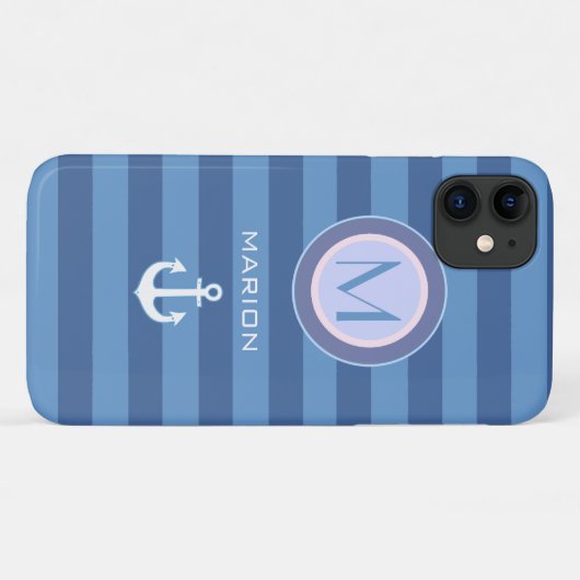 Coques Case-Mate iPhone bandes bleues et ancre monogrammée (Dos (Horizontal))