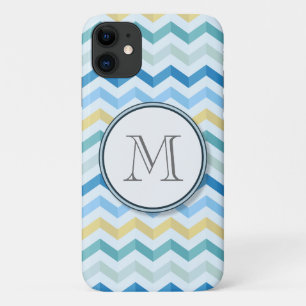 Coque iPhone 11 Bandes Chevron Ocean Shore avec Monogramme rond