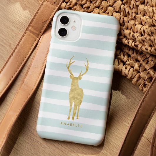 Coques Case-Mate iPhone Bandes d'aquarelle de menthe et cerfs d'or