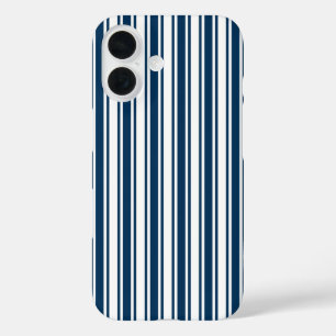 Coques iPhone 16 Bandes de bonbons bleu et blanc marine
