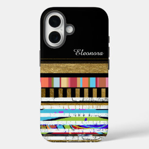 Coques iPhone 16 Bandes de couleur cool avec son nom personnalisé