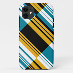 Coque iPhone 11 Bandes diagonales noires, jaunes, bleues, blanches