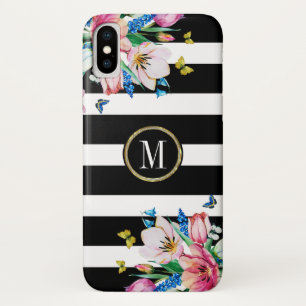 Case-Mate iPhone Case Bandes et Fleurs et Papillons noirs et blancs