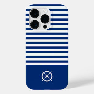 Coque Pour iPhone 14 Pro Bandes Nautiques+Navires Roue Bleu+Blanc