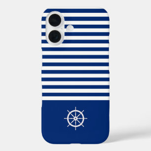 Coques iPhone 16 Bandes Nautiques+Navires Roue Bleu+Blanc