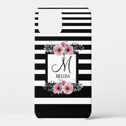 Coques Case-Mate iPhone Bandes noires et blanches Monogramme floral rose (Verso)