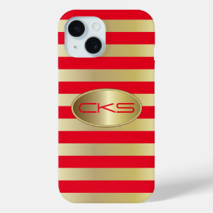 Coque Pour iPhone 15 Bandes rouge et or Monogramme