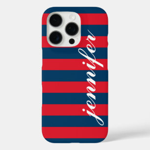 iPhone 16 Pro Case Bandes rouges et marines Nom du monogramme de scri