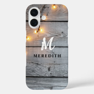 Coques iPhone 16 Barre Bois Rustique Élégance Chaîne Lumière Monogr